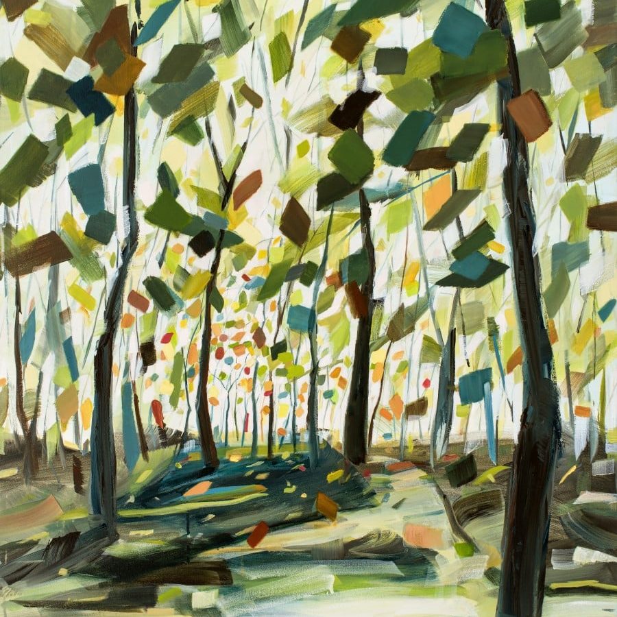 Abstract tree painting with spring colors. Brown trunks. Green yellow orange leaves. By Holly Van Hart.