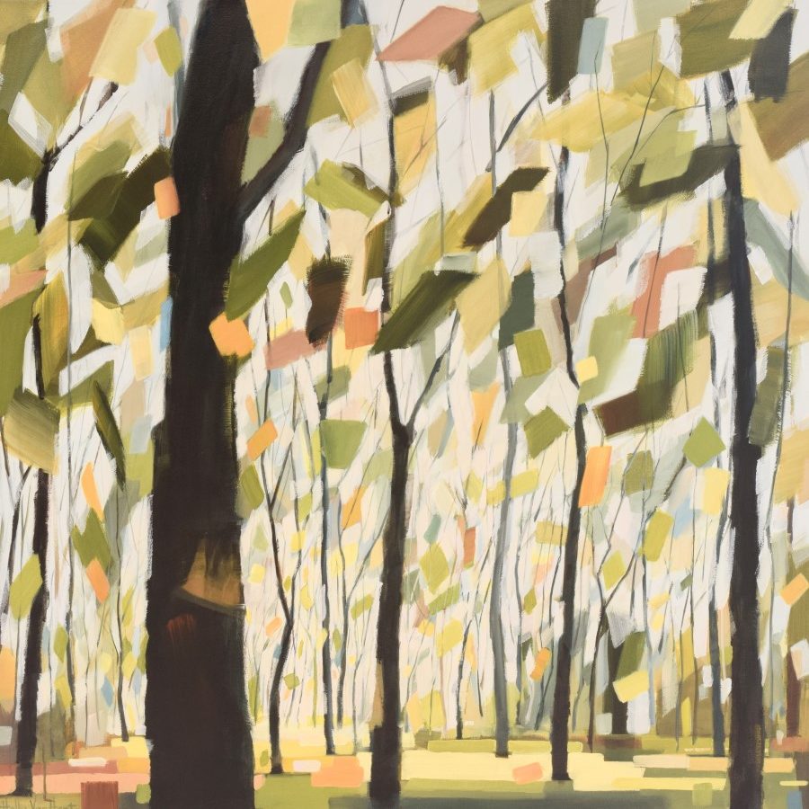 Tree painting, fall leaves with yellow, green, blue and orange, brown and blue trunks - Circling of the Seasons by Holly Van Hart