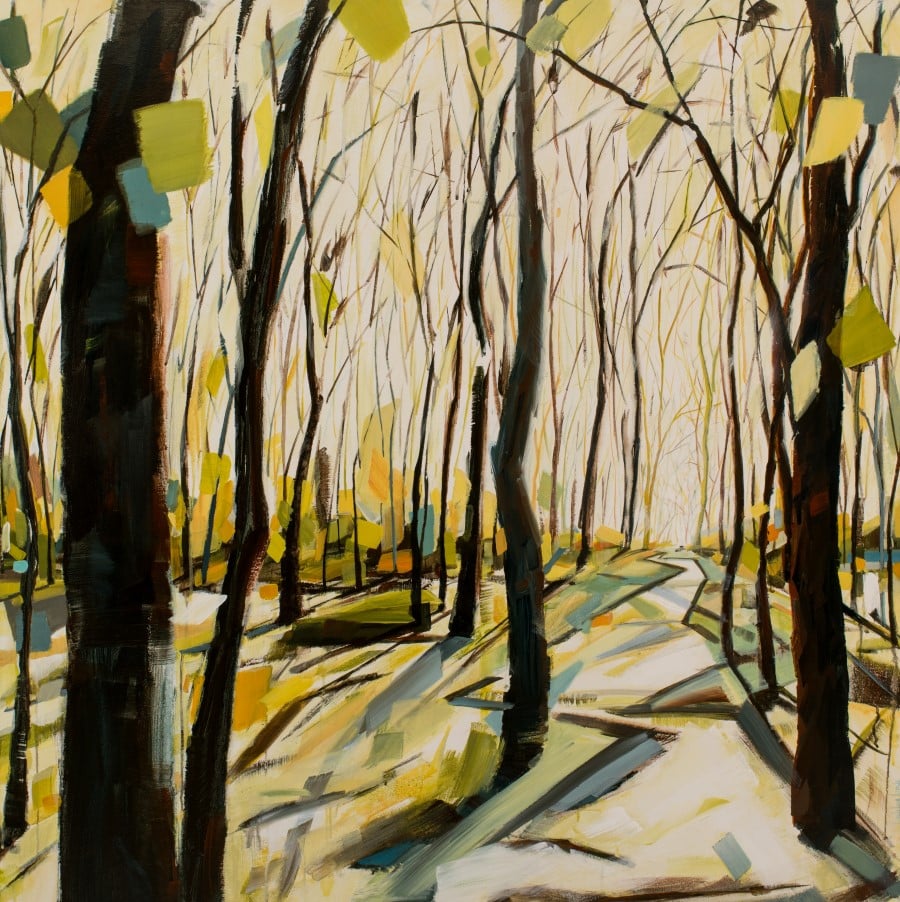 Forest painting with yellow, blue, and green leaves, a white sky, and an inviting path | Running Free 48 x 48 " mixed media painting by Holly Van Hart